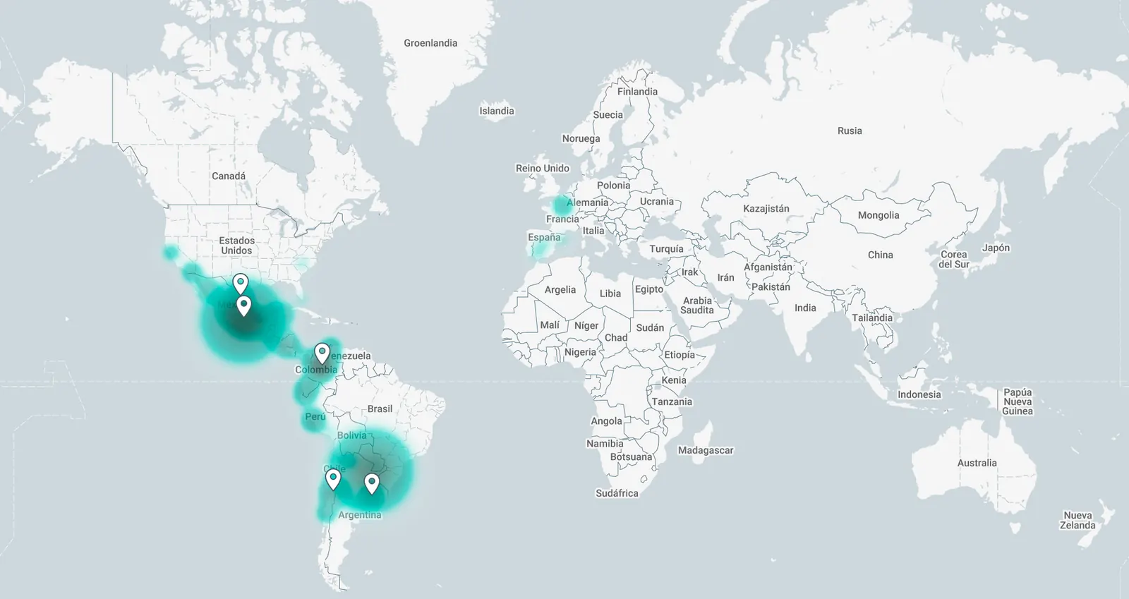 Live analytics heat map with pins on users interacting at that moment: clusters over Mexico, Colombia, Chile and Argentina, fainter ones over Spain, France and the United States